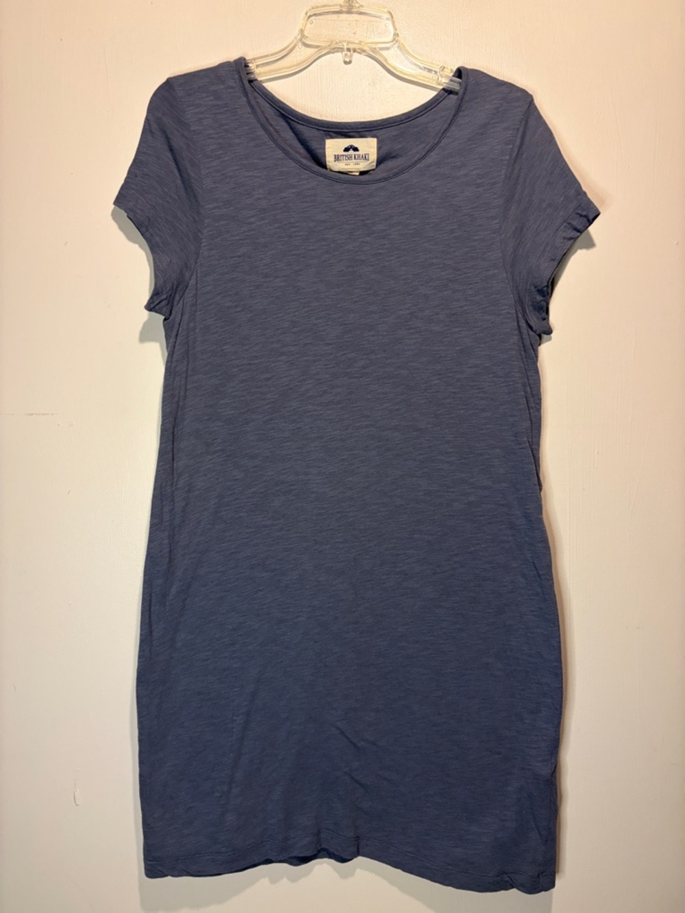 British Khaki Crew Neck Cap Sleeve T Shirt Dress Heather Blue Lined Size L